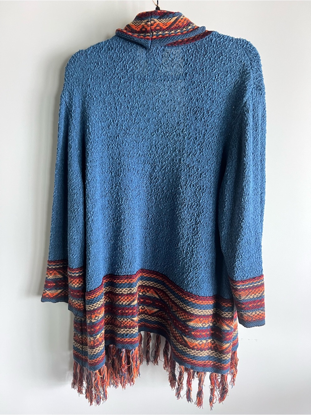 Ruby Rd. Blue Open-Front Fringe Cardigan with Rust Trim - Picture 4 of 4